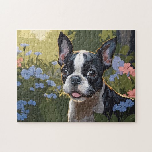 Boston Terrier Pup in Bloemenveld Legpuzzel (Horizontaal)