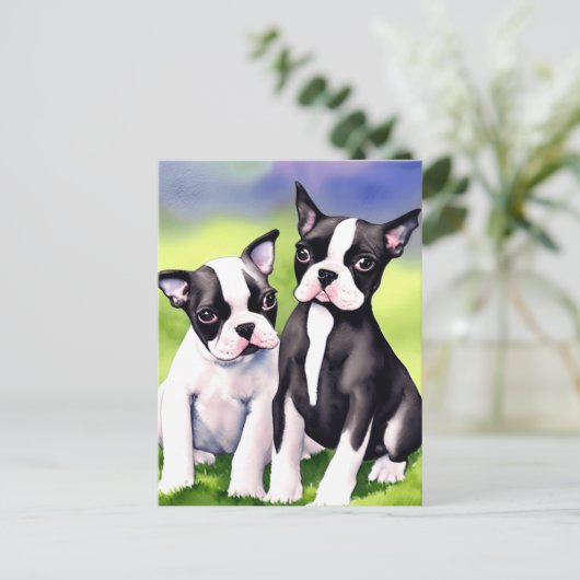 Boston Terrier Puppies Waterverf Briefkaart (Staand voorkant)