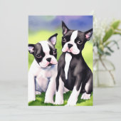 Boston Terrier Puppies Waterverf Greeting Kaart (Staand voorkant)