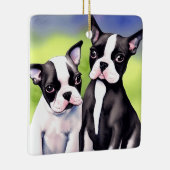 Boston Terrier Puppies Waterverf Keramisch Ornament (Rechts)