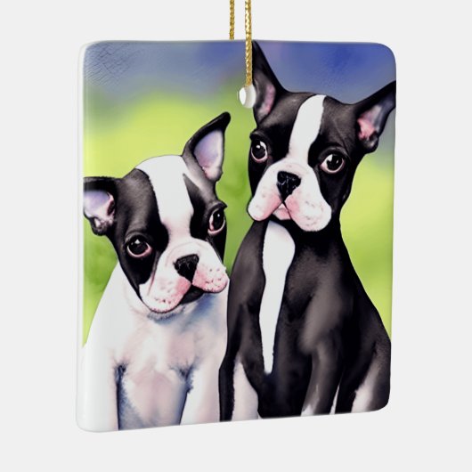 Boston Terrier Puppies Waterverf Keramisch Ornament (Rechts)