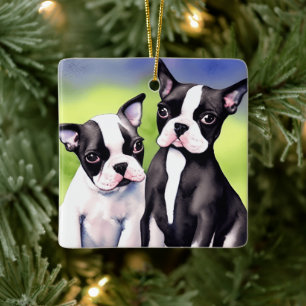 Boston Terrier Puppies Waterverf Keramisch Ornament