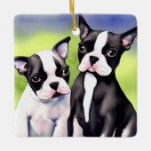 Boston Terrier Puppies Waterverf Keramisch Ornament (Voorkant)