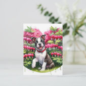Boston Terrier Puppy Bloedend Hart Bloemen Briefkaart (Staand voorkant)