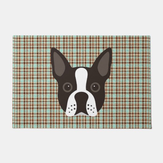 Boston Terrier Puppy Dog Tartan Pset Deurmat (Voorkant)