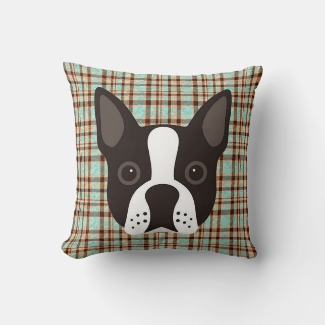 Boston Terrier Puppy Dog Tartan Pset Kussen (Voorkant)