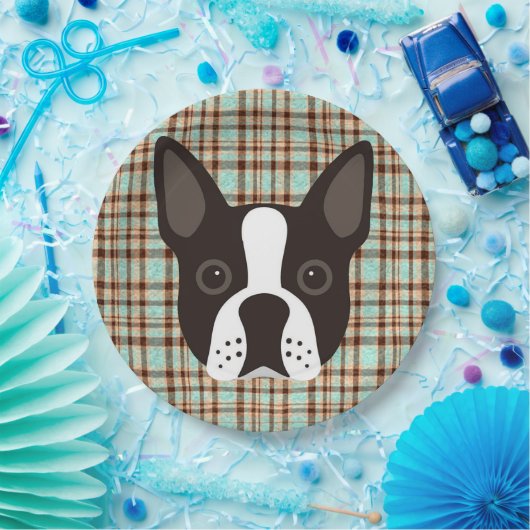 Boston Terrier Puppy Dog Tartan Pset Papieren Bordje (Feest)