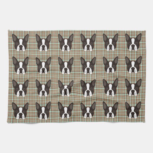 Boston Terrier Puppy Dog Tartan Pset Theedoek (Horizontaal)