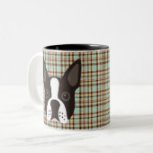 Boston Terrier Puppy Dog Tartan Pset Tweekleurige Koffiemok (Voorkant links)