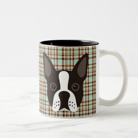 Boston Terrier Puppy Dog Tartan Pset Tweekleurige Koffiemok (Rechts)