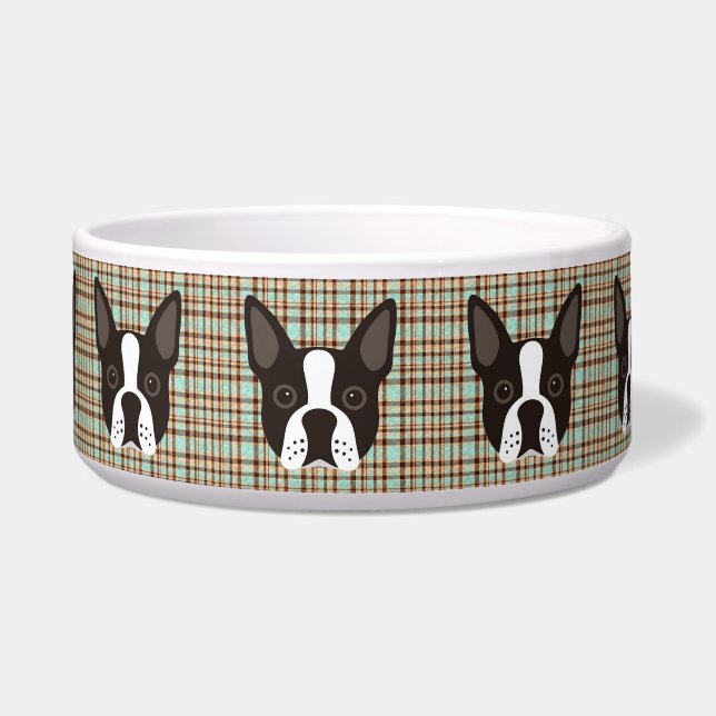 Boston Terrier Puppy Dog Tartan Pset Voerbakje (Voorkant)