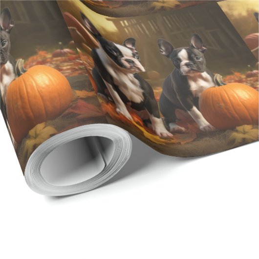 Boston Terrier Puppy Herfst Delight Pompoen Cadeaupapier (Rol Hoek)