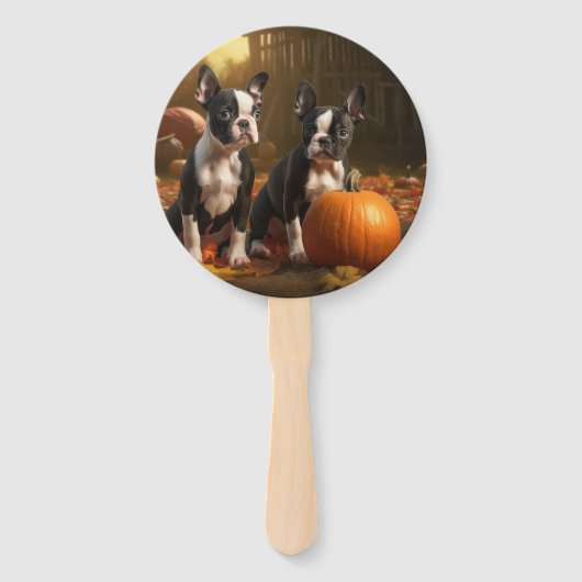 Boston Terrier Puppy Herfst Delight Pompoen Handwaaier (Voorkant)