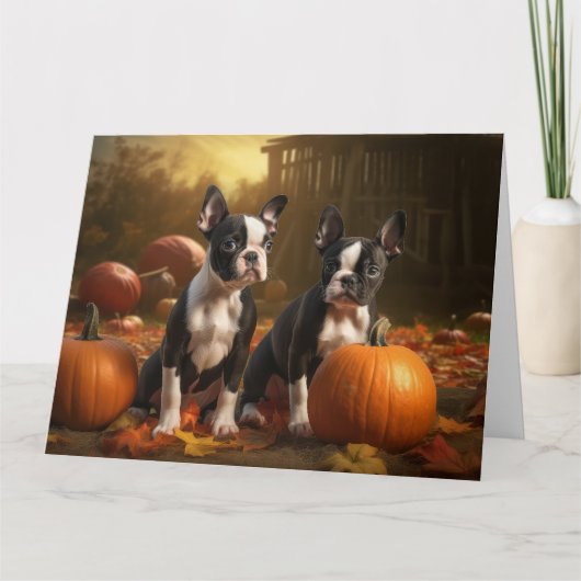 Boston Terrier Puppy Herfst Delight Pompoen Kaart (Voorkant)