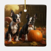 Boston Terrier Puppy Herfst Delight Pompoen Keramisch Ornament (Achterkant)