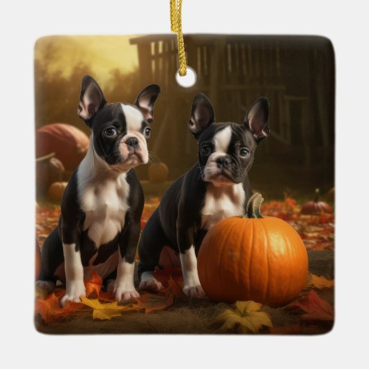 Boston Terrier Puppy Herfst Delight Pompoen Keramisch Ornament (Voorkant)