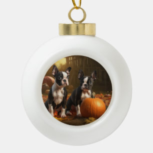 Boston Terrier Puppy Herfst Delight Pompoen Keramische Bal Ornament