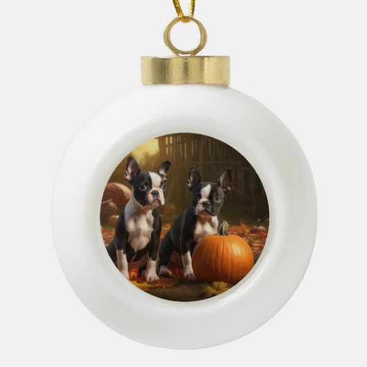 Boston Terrier Puppy Herfst Delight Pompoen Keramische Bal Ornament (Voorkant)
