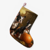 Boston Terrier Puppy Herfst Delight Pompoen Kleine Kerstsok (Voorkant (Hangend))