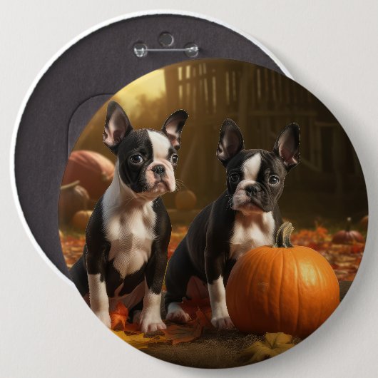 Boston Terrier Puppy Herfst Delight Pompoen Ronde Button 6,0 Cm (Voorkant /achterkant)