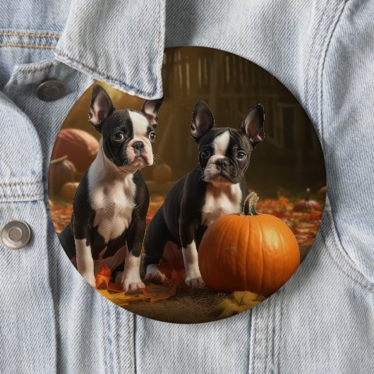 Boston Terrier Puppy Herfst Delight Pompoen Ronde Button 6,0 Cm (In situ)