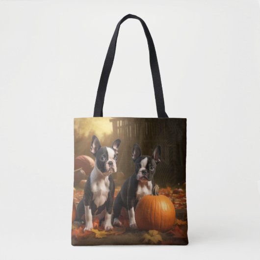 Boston Terrier Puppy Herfst Delight Pompoen Tote Bag (Voorkant)
