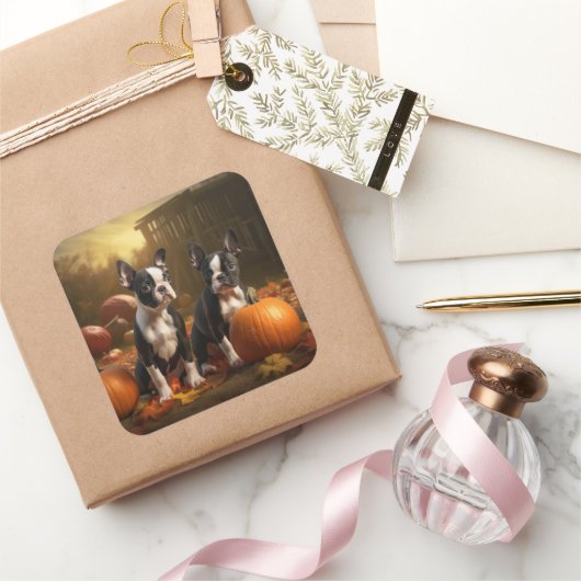 Boston Terrier Puppy Herfst Delight Pompoen Vierkante Sticker (Geschenken)