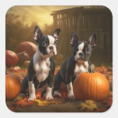 Boston Terrier Puppy Herfst Delight Pompoen Vierkante Sticker (Voorkant)