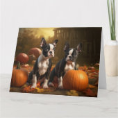 Boston Terrier Puppy Herfst Plezier Pompoen Kaart (Voorkant)