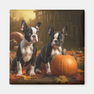 Boston Terrier Puppy Herfst Plezier Pompoen Magneet