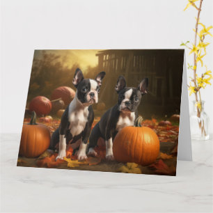 Boston Terrier Puppy Herfstpracht Pompoen Kaart