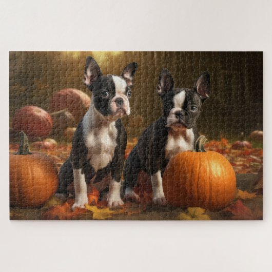 Boston Terrier Puppy Herfstvreugde Pompoen Legpuzzel (Horizontaal)