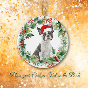 Boston Terrier Puppy Holly Krans Kerstmis Keramisch Ornament