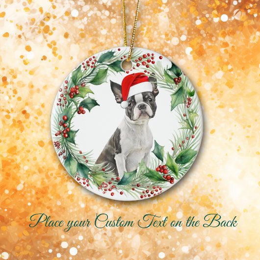 Boston Terrier Puppy Holly Krans Kerstmis Keramisch Ornament