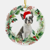 Boston Terrier Puppy Holly Krans Kerstmis Keramisch Ornament (Voorkant)