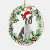 Boston Terrier Puppy Holly Krans Kerstmis Keramisch Ornament (Links)