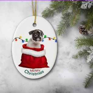 Boston Terrier Puppy in Gift Bag Keramisch Ornament