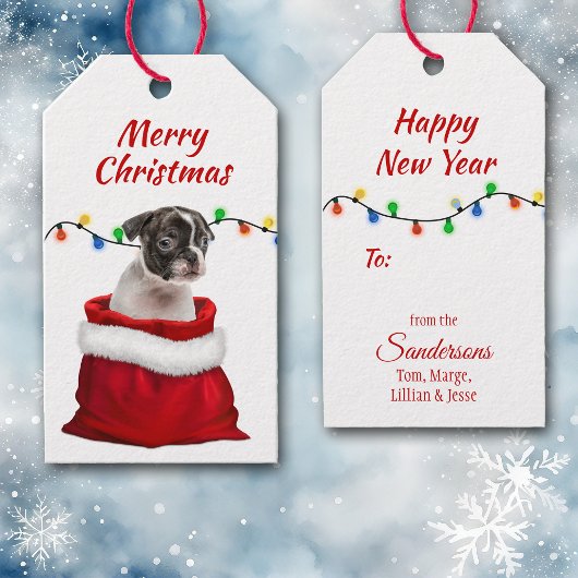 Boston Terrier Puppy in Santa Bag Cadeaulabel