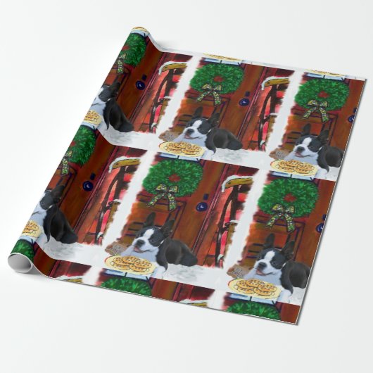 Boston Terrier Puppy Kerstmis Cadeaupapier (Uitgerold)