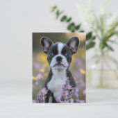 Boston Terrier Puppy Lupine Bloemen Briefkaart (Staand voorkant)