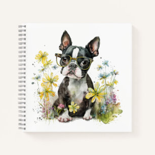 Boston Terrier Puppy met Bril in Veldbloemen Notitieboek