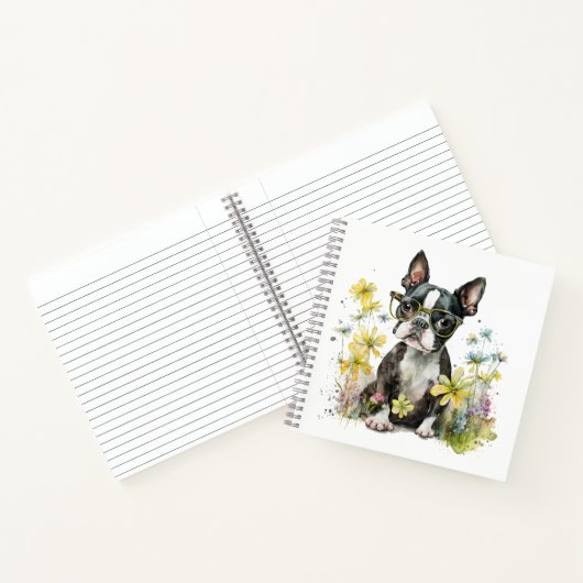 Boston Terrier Puppy met bril in Wildflower Notitieboek (Binnen)