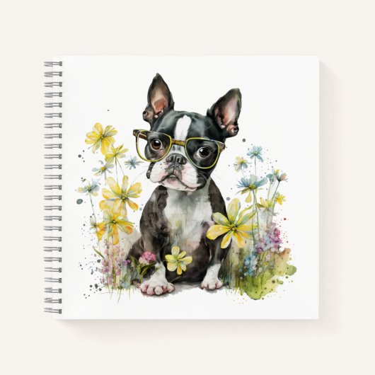 Boston Terrier Puppy met bril in Wildflower Notitieboek (Voorkant)