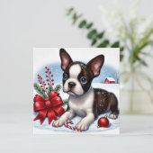 Boston Terrier Puppy Met Kerstdecoraties Feestdagenkaart (Staand voorkant)
