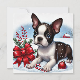 Boston Terrier puppy met kerstdecoraties Feestdagenkaart