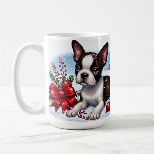 Boston Terrier puppy met kerstdecoraties Koffiemok (Links)