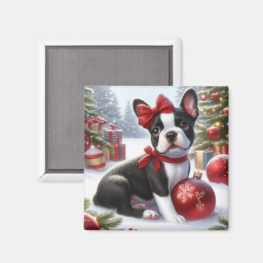 Boston Terrier Puppy met kerstversiering Magneet (Voorkant / Achterkant)