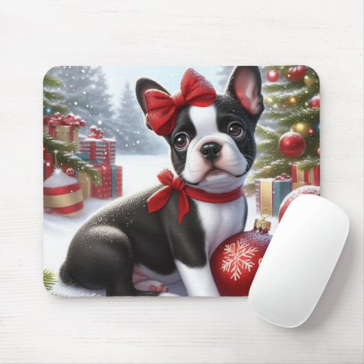 Boston Terrier Puppy met kerstversiering Muismat (Met muis)