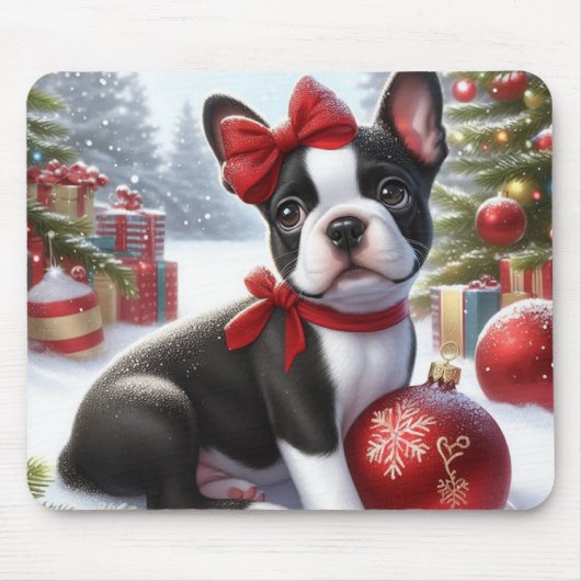 Boston Terrier Puppy met kerstversiering Muismat (Voorkant)