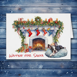 Boston Terrier Puppy Wacht op Santa Open haard